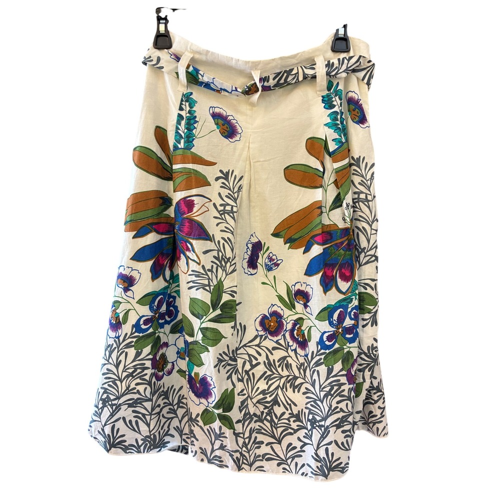J. Peterman Floral Midi Skirt Womens 10 White Multi Excellent Cotton Belted